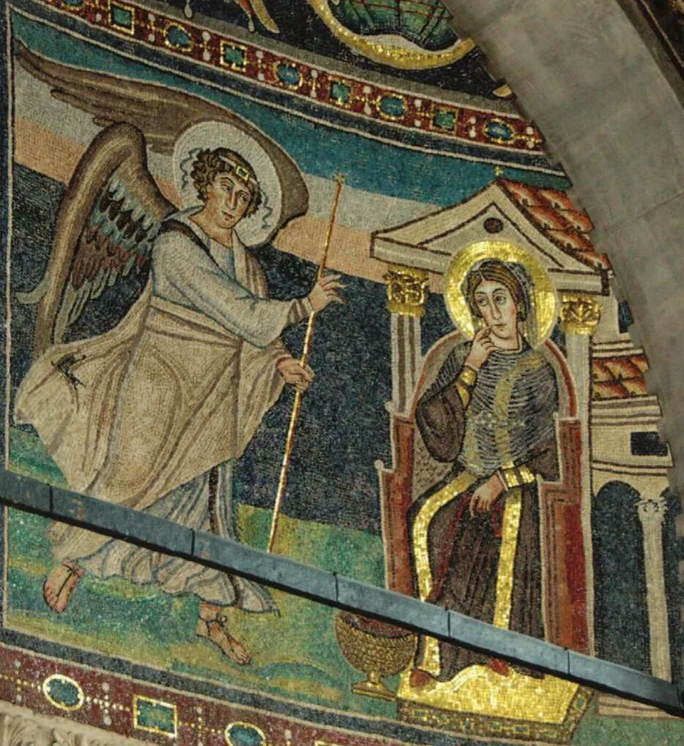 A mosaic of a winged angel in white holding a staff, turning towards a seated woman in purple robes and a veil who sits on a throne in front of a small building.