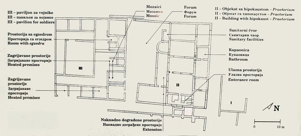 A black-and-white ground plan of a group of Roman buildings with labels in Croatian, Serbian and English — forum, mosaics, heated rooms, bathroom, sanitary facilities, entrance room and a building with a hypocaust.