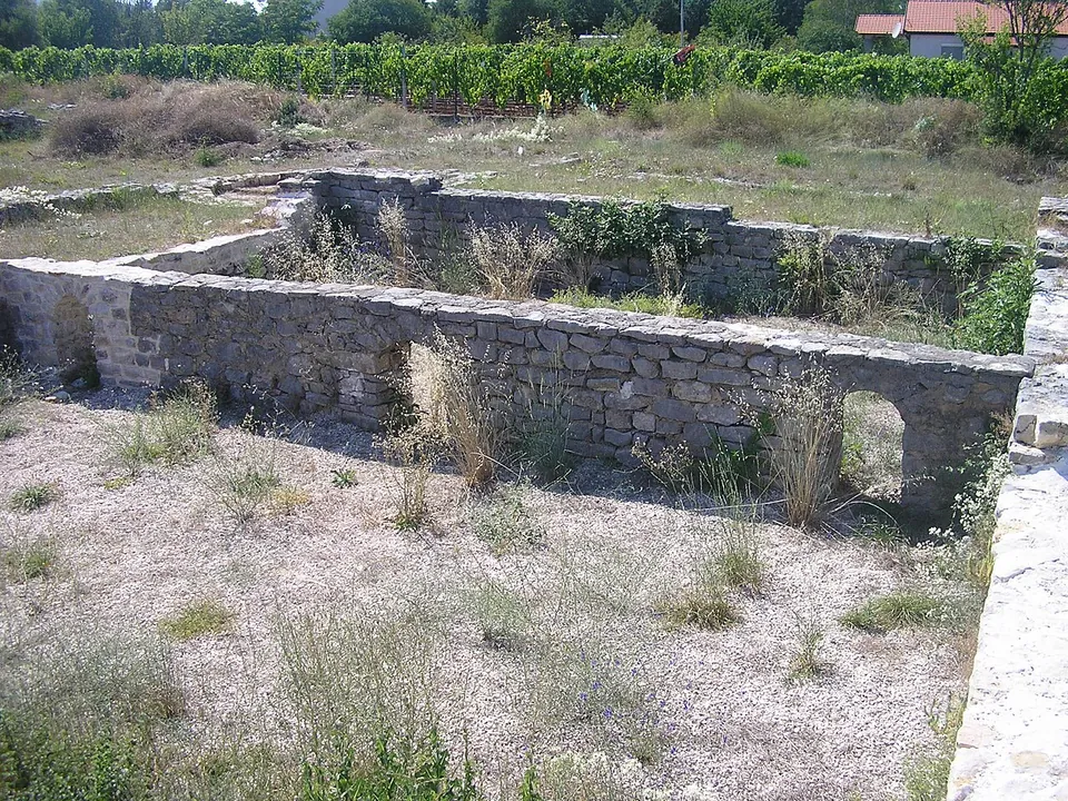 A conserved rubble-stone wall about chest high with two small arched openings at its base, enclosing a gravel-floored room, with vines and trees behind.
